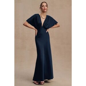 BHLDN Leila Deep-V Flutter Sleeve Satin A Line Gown in Midnight Size 14